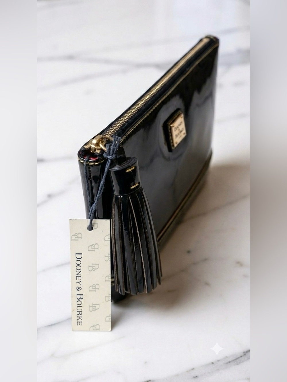 NWT Dooney & Bourke Black Patent Leather Clutch Wristlet Bag Statement Tassel - Picture 4 of 16